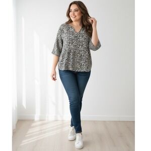 New‎ Look Black/Beige Peplum 3/4 sleeves 24 Plus V-Neck Top Boho Office Chic Y2K